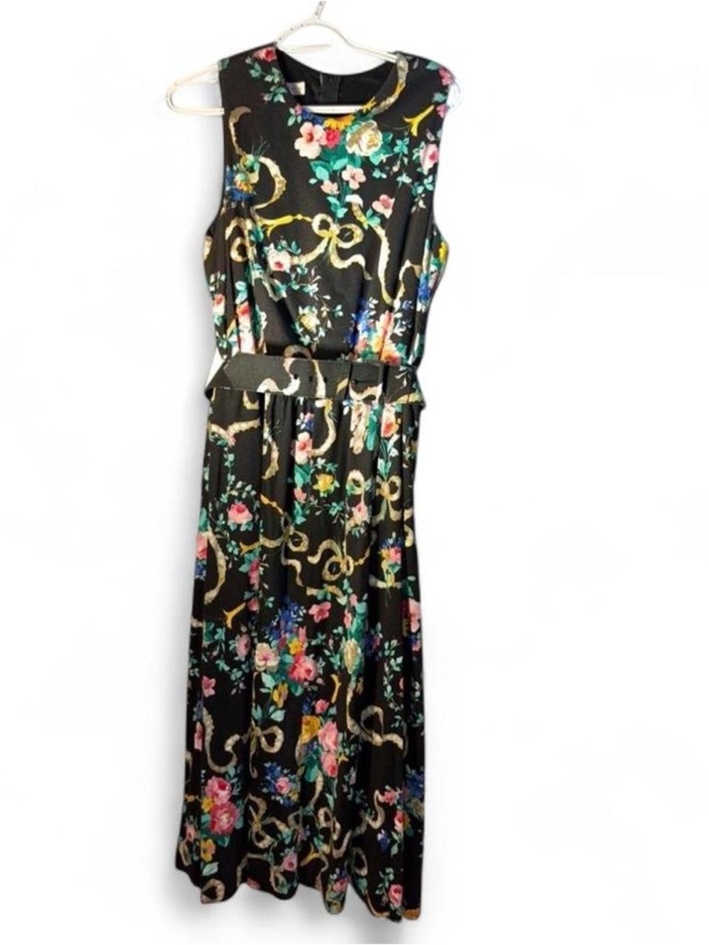 Vintage Dennis goldsmith Floral Print Black Maxi Dress with Waist Belt